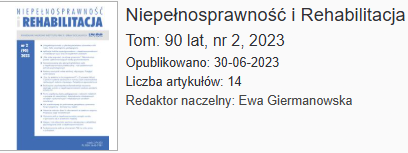 Okładka periodyku "Niepełnosprawność i Rehabilitacja" w środku manuskrypt pt. "FUNKCJONOWANIE OSÓB ZE SCHORZENIEM F20 NA RYNKU PRACY W LUBUSKIEM"